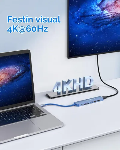 Vista 2 de LENTION 7-in-1 USB C Hub, 4K@60Hz HDMI, 100W PD, Card Reader, USB 3.0 & 2.0 Azul