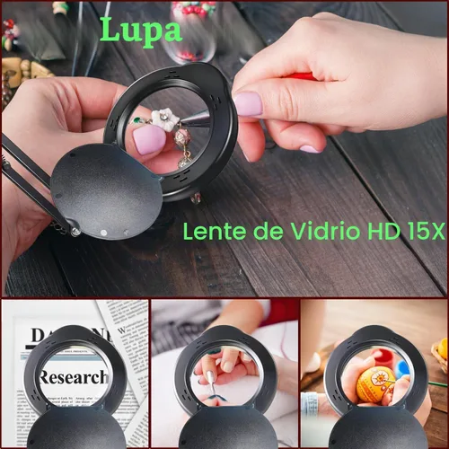 Vista 4 de Lupa 15X con luz y abrazadera, 5 modos de color, 10 niveles de brillo ajustable, lámpara de escritorio 2 en 1 con abrazadera, lupa manos libres