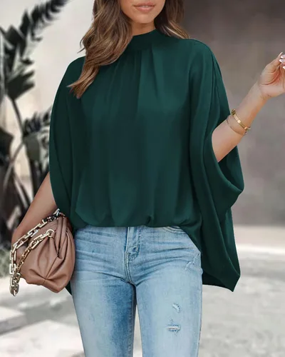 Vista 36 de BTFBM Blusas de verano para mujer, cuello alto falso, manga murciélago, holgadas, dobladillo alto y bajo, blusas informales de gran