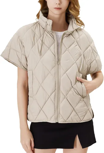 Vista 3 de Ogfao Chaleco acolchado de manga corta para mujer, chaleco ligero, chaqueta acolchada con bolsillos