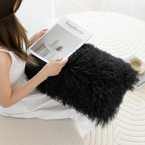 Vista 6 de MOOX Fundas de Almohada de Piel de Cordero Mongol Lumbar Decorativas de Piel de Oveja Funda de Almohada de Lana Auténtica Acento Tibetano Sala