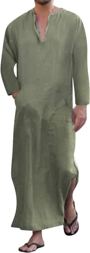 Vista 16 de Jacansi - Bata de cuello en V para hombre, manga corta, división lateral, caftán de algodón, thobe largo, tallas S-3XL Púrpura-gris #1