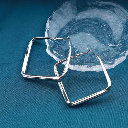 Vista 3 de Aretes colgantes cuadrados grandes minimalistas, aretes de aro cuadrados huecos de plata, aretes colgantes geométricos grandes, aretes de aro