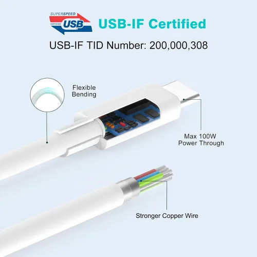 Vista 3 de Cable USB C a USB C de 3.3 pies/1m 100W para iPhone 16/15 Pro Max, cargador para MacBook Pro/Air, iPad Pro de 13/12.9/11 pulgadas, Air 5/4, Mini 6