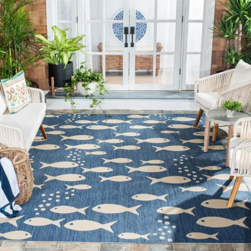 Vista 11 de SAFAVIEH Alfombra lavable para exteriores, colección Patio de 2.3 x 12 pies, color azul y beige, no desprende pelusa y fácil de limpiar, ideal