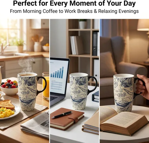 Vista 3 de Topadorn Taza de Café de Cerámica Taza de Viaje Regalo con Tapa de 17 onzas, Taza de Té Alta de Porcelana con Asa para el Hogar y la Oficina, Taza