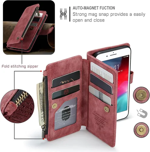 Vista 4 de UEEBAI - Funda tipo cartera para iPhone 7 Plus/iPhone 8 Plus, hecha a mano, de piel sintética, ranuras para tarjetas, cierre magnético, bolsillo