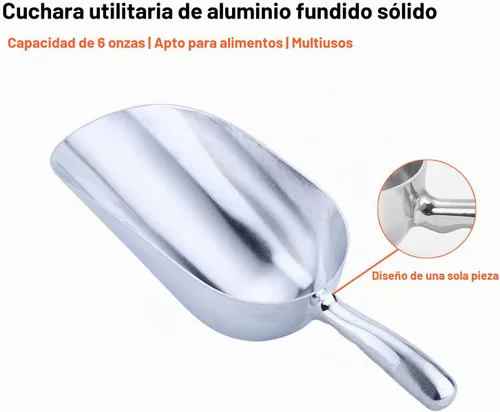 Vista 3 de Cuchara de aluminio fundido de 6 onzas, cuchara de hielo sólido de una pieza para cubitos de hielo, bar, cocina, cuchara multiusos de alimentos