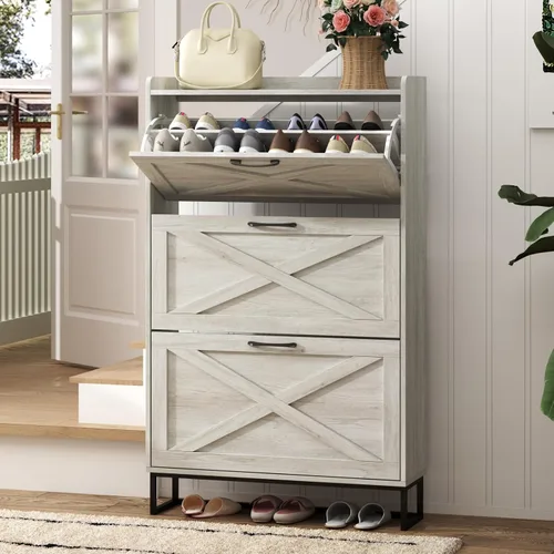 Vista 9 de Maupvit Gabinete de almacenamiento para zapatos con 2 cajones abatibles, organizador independiente con patas de metal para entrada, gabinete Beige