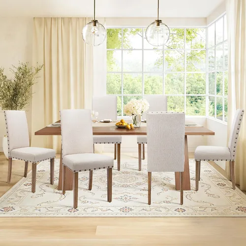 Vista 3 de Juego de sillas de comedor Parsons para cocina, tapizadas, modernas, de tela con respaldo alto y ribete de cabeza de clavo en bronce, paquete de 2