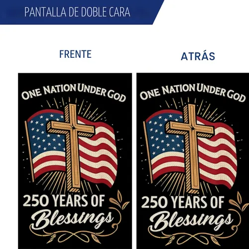 Vista 3 de Blessings America Bandera de Jardín 250, Una Nación Bajo Dios, Diseño de Cruz Patriótica del 250º Aniversario de EE.UU., Arpillera de Doble Cara, 12