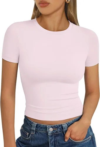 Vista 39 de Trendy Queen - Camisetas básicas para mujer, camisetas de verano 2025, de manga corta, ajustadas, para gimnasio, entrenamiento, ropa estilo Y2K