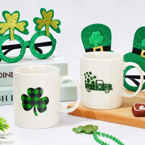 Vista 5 de Whaline Juego de 2 tazas del Día de San Patricio de 12 onzas con diseño de trébol a cuadros de búfalo para café, tazas de cerámica irlandesa a