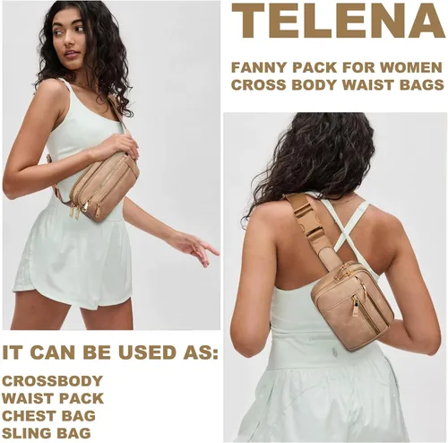 Vista 2 de Telena Riñoneras para mujer, bolso cruzado de cuero, bolso de cintura de moda con correa ajustable, Marrón claro