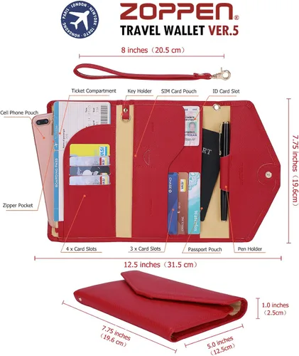Vista 7 de Zoppen - Billetera y porta pasaporte y documentos de viaje (Ver.5) para mujer con bloqueo Rfid y correa para la muñeca