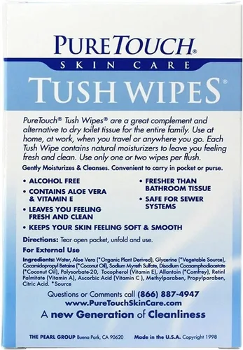 Vista 2 de Pure Touch Tush Toallitas para adultos, 24 toallitas húmedas desechables individuales / 6 cajas 144 paquetes de un solo uso