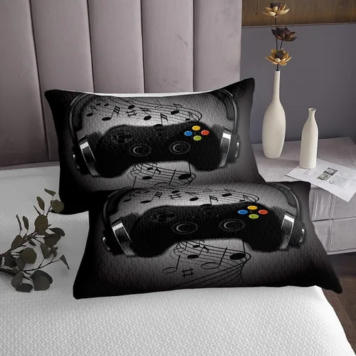 Vista 4 de Juego de ropa de cama de videojuegos con auriculares negros y grises con diseño de notas musicales con control de videojuegos para niños y niños