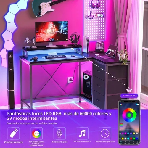 Vista 5 de Patikuin Escritorio en forma de L con tomas de corriente y luces LED, escritorio de computadora con cajones y estantes, escritorio de esquina