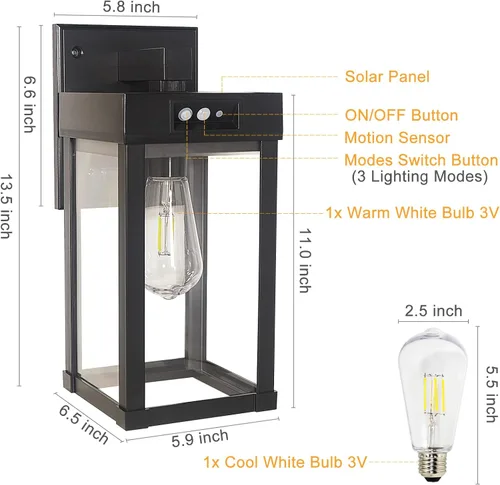 Vista 5 de CYHKEE Luces Solares de Pared al Aire Libre Impermeables con 3 Modos de Iluminación y Sensor de Movimiento, Luminaria Exterior de Porche