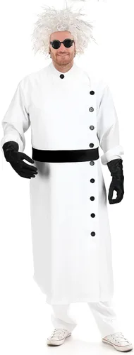 Vista 5 de Jiuguva 9 piezas de disfraz de científico loco de Halloween para hombres adultos, incluyendo abrigo, cinturón, guantes y gafas, peluca, bigote