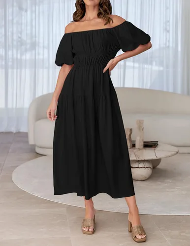 Vista 7 de ZESICA Vestido midi sexy bohemio con hombros descubiertos para mujer, de manga corta, cintura alta, con volantes, acampanado, para fiesta en la playa