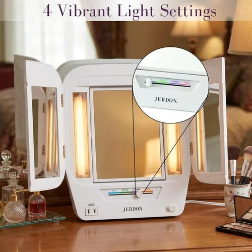 Vista 2 de Jerdon JGL10 W Euro Espejo de 3 paneles iluminado con aumento de 5X, 4 configuraciones de luces, acabado blanco