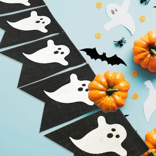 Vista 3 de Doumeny Pancarta de arpillera de fantasma de Halloween, guirnalda espeluznante, guirnalda espeluznante, pancarta negra para fiesta, bandera de truco