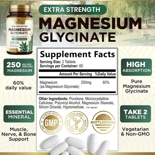 Vista 2 de Glicinato de magnesio 250 mg por porción - Suplemento de magnesio 100% quelatado - Glicinato Mag de alta absorción apoya el sueño, la salud