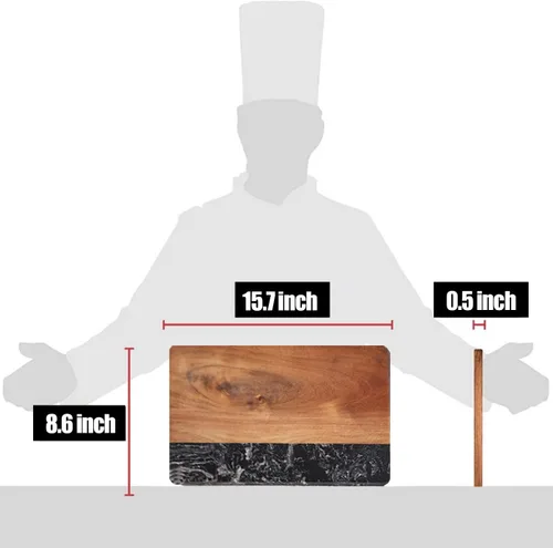 Vista 5 de Tabla de cortar con mármol negro y madera natural, 16 x 9 pulgadas, tabla de cortar para queso filete frutas pan (oblonga)