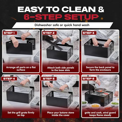 Vista 6 de Chef Master Cubierta para Estufa de Butano - Ajuste Universal para Cualquier Tamaño Estándar - Protector de Viento Plegable de Acero Negro Premium