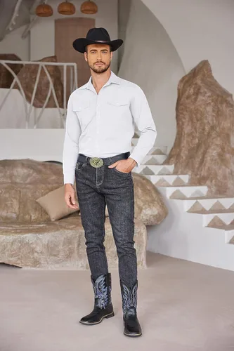 Vista 3 de COOFANDY Camisas vaqueras occidentales para hombre, de algodón, ajustadas, de manga larga, con botones y bolsillos