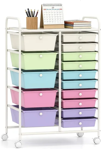 Vista 10 de LUARANE - Carrito rodante con 15 cajones, carrito de almacenamiento para manualidades con asas portátiles y ruedas con cerradura, organizador