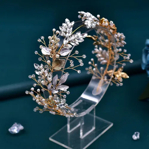 Vista 3 de HONGMEI Tocado de novia para boda, accesorios para el cabello, para novias, diadema de boda con diamantes de imitación para mujeres y niñas (dorado)