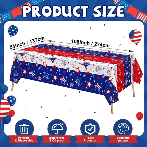 Vista 3 de Buryeah 3 Pcs Patriotic Tablecloth 54 x 108 Inch Plastic Tablecloth Red White Blue American Flag Rectangular Table Covers for 4th of July Memorial