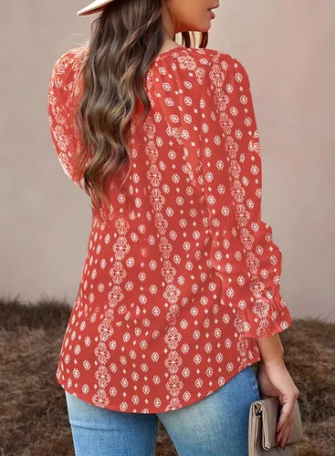Vista 4 de Dokotoo - Blusa informal, bohemia y con estampado floral para mujer, camiseta con cuello en V, con cordón, blusas de manga corta y manga larga