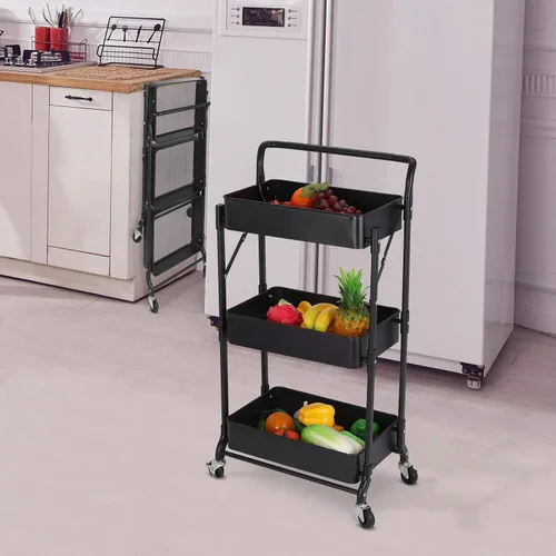 Vista 9 de Carrito plegable de metal de 3 niveles, carrito organizador plegable de almacenamiento multifunción para oficina en casa y biblioteca (negro)