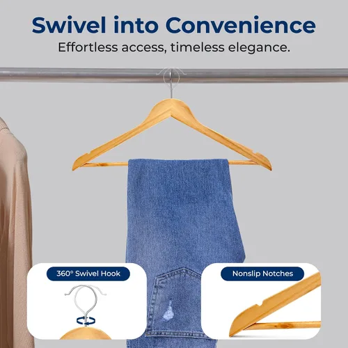 Vista 6 de SereneLife Perchas de madera maciza, paquete mega, 60 perchas para ropa, juego de perchas resistentes con gancho giratorio cromado de 360 grados