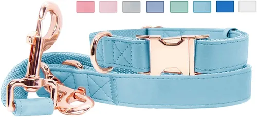 Vista 14 de Juego de collar y correa de cuero suave para perro (6.6 pies), elegante hebilla de metal resistente de oro rosa, correa de 4 longitudes ajustables