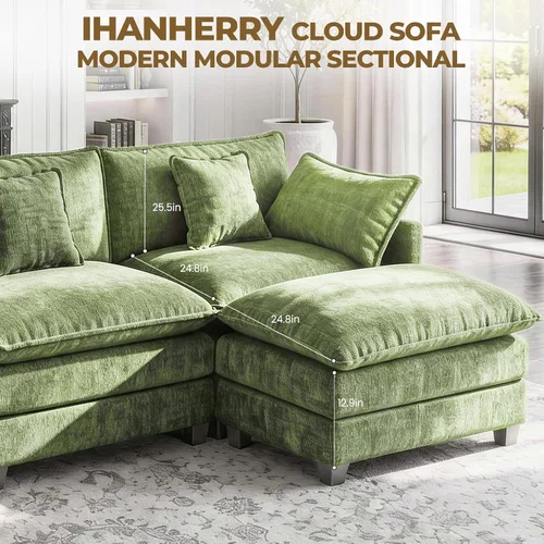 Vista 7 de Sofá modular en forma de L de 112 pulgadas con 1 otomana, cama convertible de nube de asiento profundo, 3 cojines de 2 brazos, cómodos muebles Verde