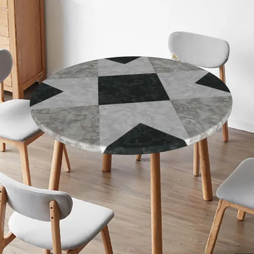 Vista 2 de Mantel redondo de mármol con bordes elásticos, patrón de fondo de mármol, diseño de cultura marmoleada, impermeable y lavable, color beige negro, se