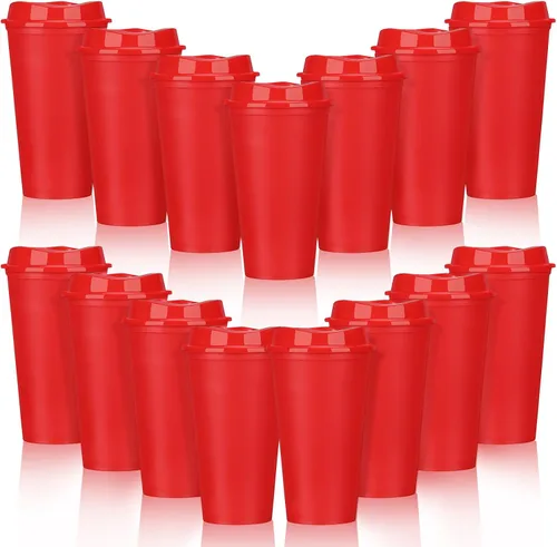 Vista 16 de Domensi Paquete de 15 tazas de café reutilizables con tapas, vasos de viaje desechables de 16 onzas, vasos de plástico a granel para llevar, vasos