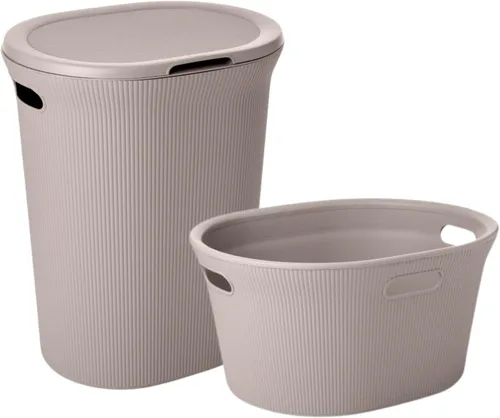 Vista 23 de Superio Colección acanalada - Cesto decorativo de plástico para ropa sucia con tapa y asas recortadas, azul (1 paquete) Organizador de cesta