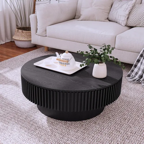 Vista 42 de Mesa de centro redonda de madera de 31.49 pulgadas con almacenamiento, mesa de centro circular acanalada de 2 niveles con tapa y estante para sala