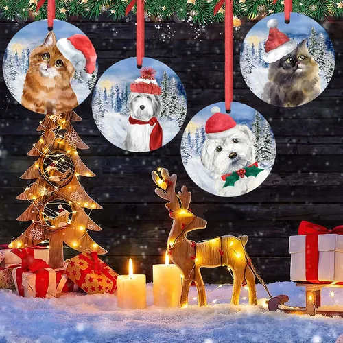 Vista 6 de Adorno de Navidad 2021 Perro Coton De Tulear Santa Porcelana Adorno de Navidad Coton De Tulear Cachorro Mascota Adornos de Árbol de Navidad Redondo