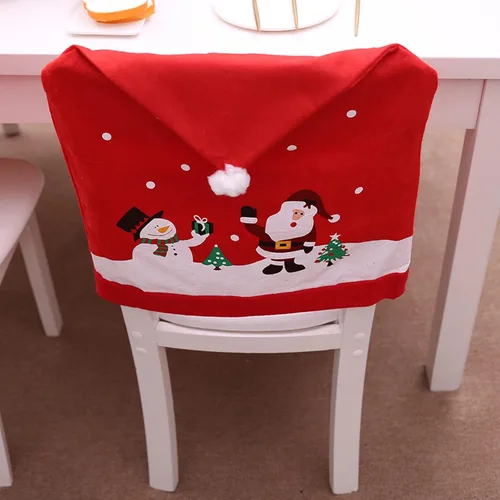 Vista 4 de 1 juego de 4 fundas para sillas de comedor con sombrero rojo, fundas para respaldo de silla de comedor, fundas traseras de silla de comedor