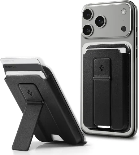 Vista 9 de Spigen para Billetera MagSafe, Sostiene 2 Tarjetas, MagFit Compatible con Modelos iPhone 17/16/15/14/13/12, Serie Pixel 10, Fundas MagSafe Pu Negro