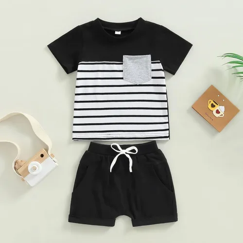Vista 32 de Conjunto de traje de verano para bebé niño pequeño, manga corta, cuello redondo, letras impresas, lindo traje de verano, conjunto de 2 piezas