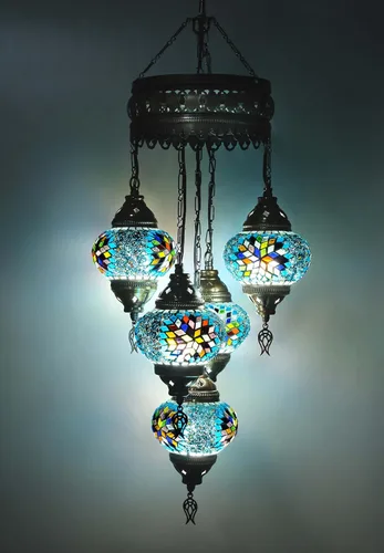 Vista 8 de Asylove Candelabros turcos de 5 globos, lámpara colgante de mosaico, iluminación de techo marroquí Art Deco de 5 globos, 5 pulgadas de altura total