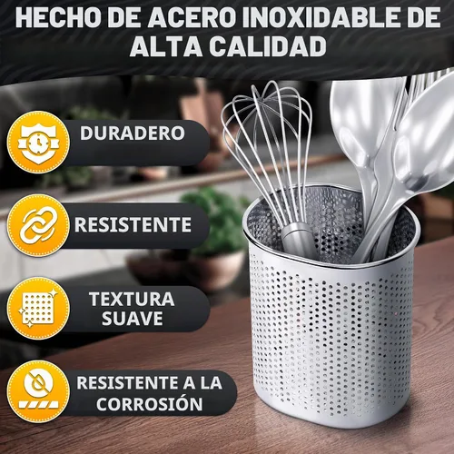 Vista 3 de Palillos Cubiertos y recipiente para utensilios de cocina rack de secado cesta con gancho de acero inoxidable perforado (forma ovalada) – se puede