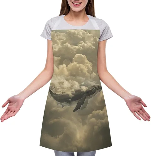 Vista 3 de MUSM Apron for Adults - 27.6 X 31.5 Inch, Heavy-Duty Polyester Aprons with Two Large Pockets, Waterproof Whale in The Clouds Kitchen Apron for